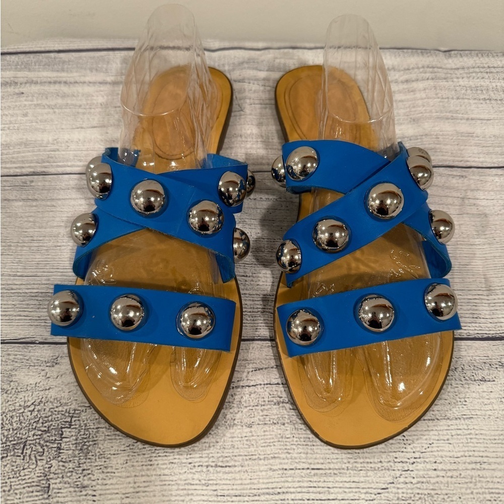 Marc Fisher Blue Studded Slide Sandals Size 8.5 Statement Stud Flats - Picture 9 of 14